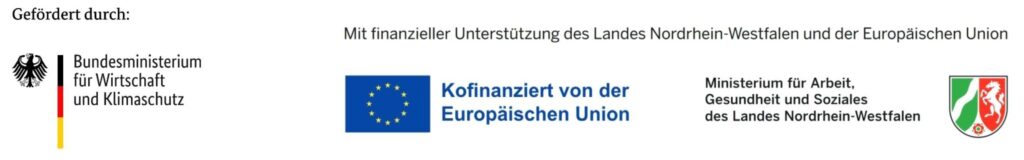 Logo des Bundesministerium, Logo der EU und Logo des Ministerium für Arbeit, Gesundheit und Soziales des Landes Nordrhein-Westfalen